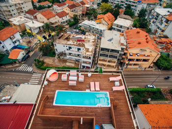 High angle view of buildings in city