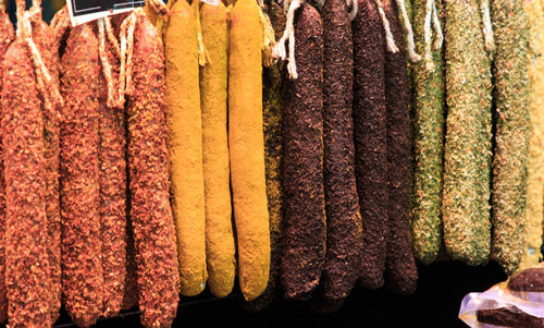 Different types of fuet, typical dry sausage from catalonia, hung