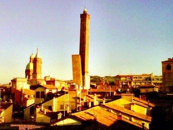 Low angle view of buildings against clear sky