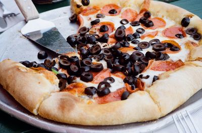 High angle view of pizza on table