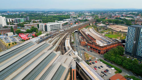 High angle view of buildings in city