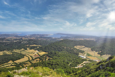 Aerial view of agricultural landscape against sky