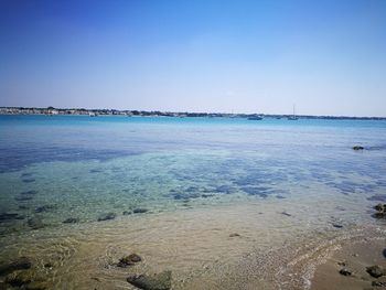 Scenic view of sea against clear blue sky