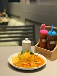 Close-up of food served on table