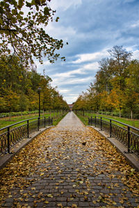 Footpath amidst trees against sky during autumn