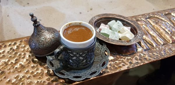 High angle view of coffee on table