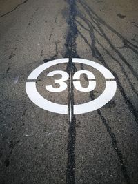 High angle view of road sign on street