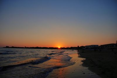 Scenic view of beach against clear sky during sunset