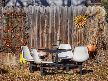 Empty chairs against wooden fence at backyard