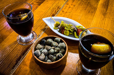 High angle view of beer in glass on table