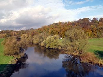 Scenic view of lake against sky during autumn