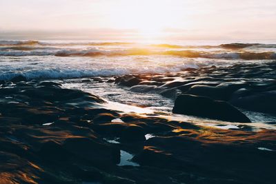 Aerial view of sea against sky during sunset