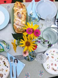 High angle view of breakfast on table