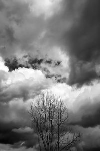 Low angle view of bare tree against cloudy sky