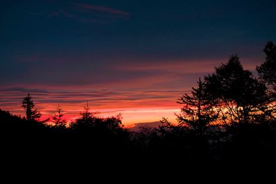 Silhouette trees on landscape against sky at sunset