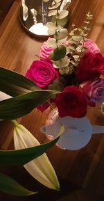 High angle view of rose bouquet on table