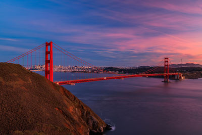 View of suspension bridge against sky during sunset