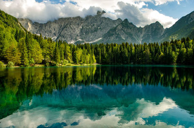 Scenic view of lake and mountains against sky