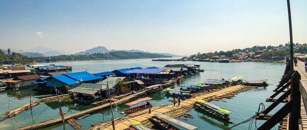 High angle view of boats moored in harbor