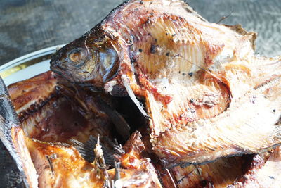 High angle view of fish on barbecue