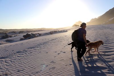 Full length of woman walking with dogs on sand against sky during sunset