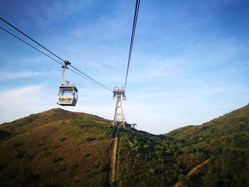 Low angle view of overhead cable car and mountains