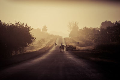 Rear view of people riding on road against clear sky