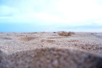 Surface level of sandy beach against sky