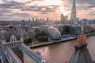 Aerial panoramic sunset view of london tower bridge and the river thames