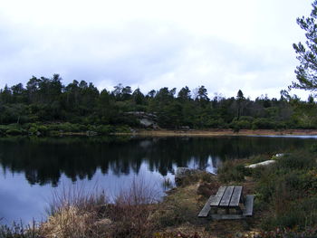 Scenic view of lake by trees against sky
