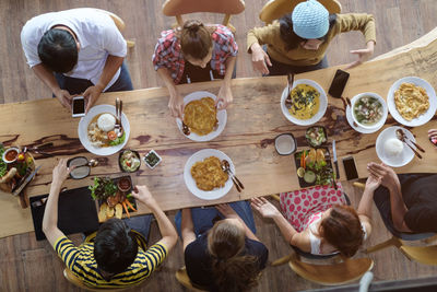 High angle view of people eating food