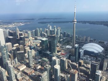 High angle view of buildings in city