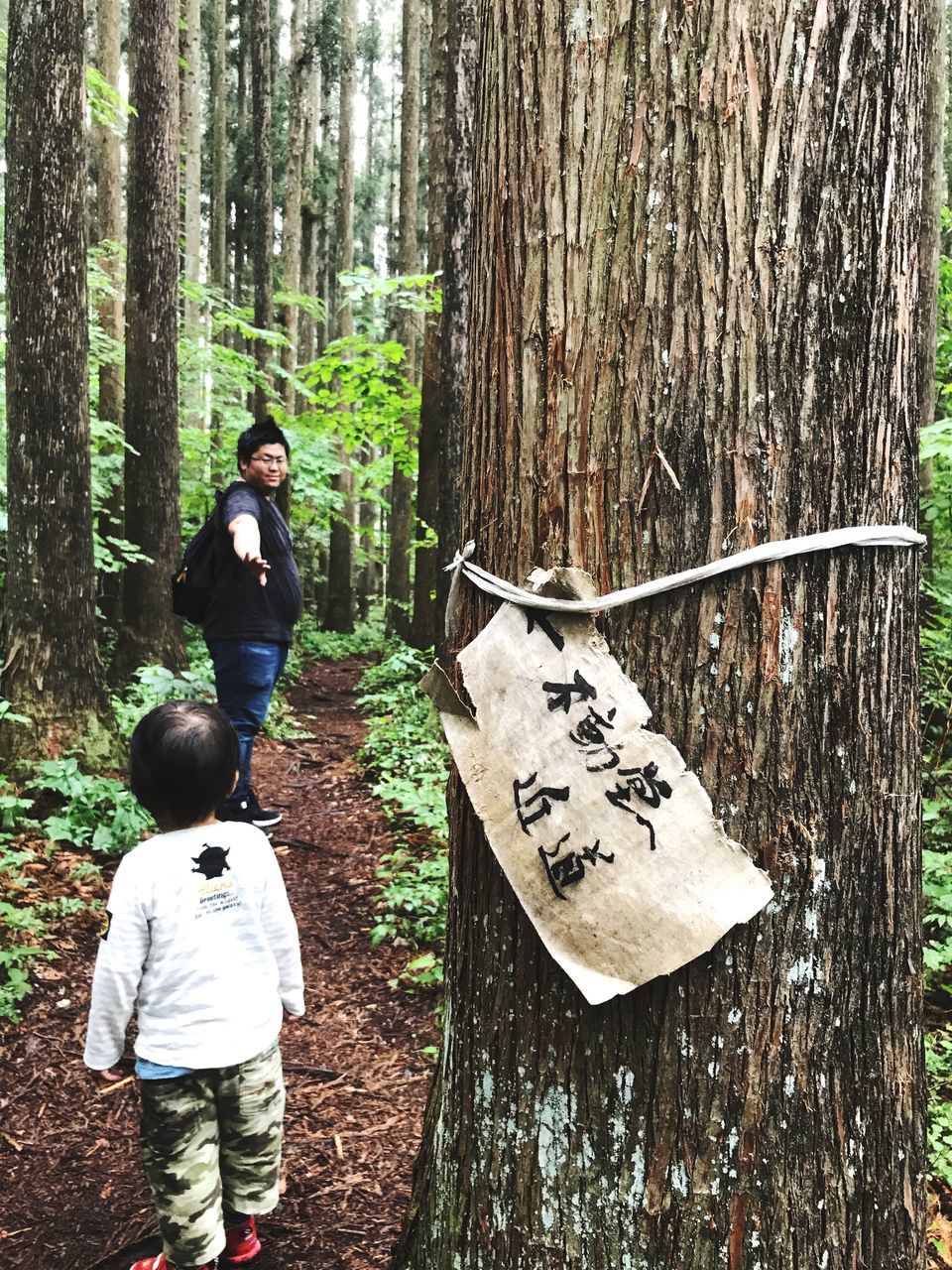 REAR VIEW OF BOYS STANDING IN FOREST