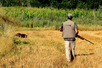 Rear view of hunter walking on land