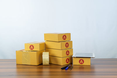 Close-up of toy blocks against white background