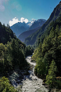 Scenic view of river amidst mountains against sky