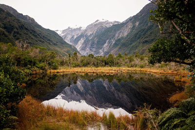 Scenic view of lake by mountains against sky