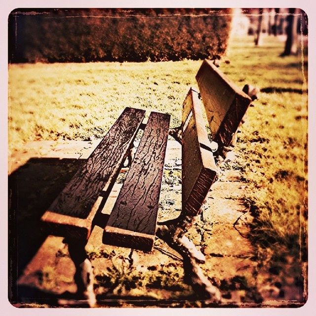 wood - material, wooden, bench, transfer print, empty, auto post production filter, wood, absence, abandoned, focus on foreground, selective focus, rusty, old, day, close-up, chair, seat, obsolete, metal, outdoors