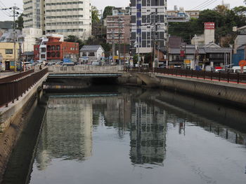 Reflection of buildings on canal in city