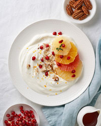 High angle view of breakfast served in plate on table