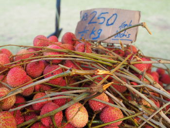 Close-up of red chili peppers for sale in market