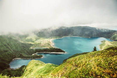 Scenic view of lake and mountains against sky