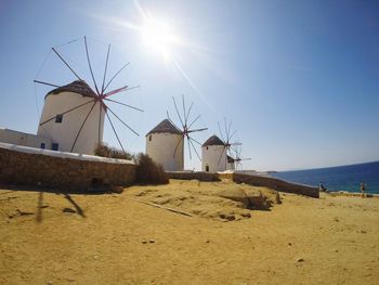 Low angle view of traditional windmill by sea against clear sky