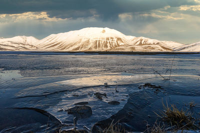 Scenic view of snowcapped mountains against sky