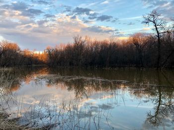 Scenic view of lake against sky during sunset