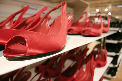 Close-up of red shoes for sale