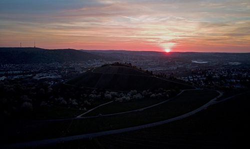High angle view of city during sunset