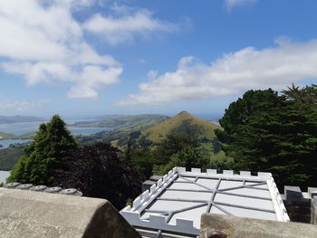 Scenic view of trees and buildings against sky