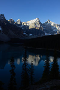 Valley of ten peaks near moraine lake on a sunny autumn day with snow on the mountain.