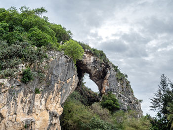 Rock formation amidst trees against sky